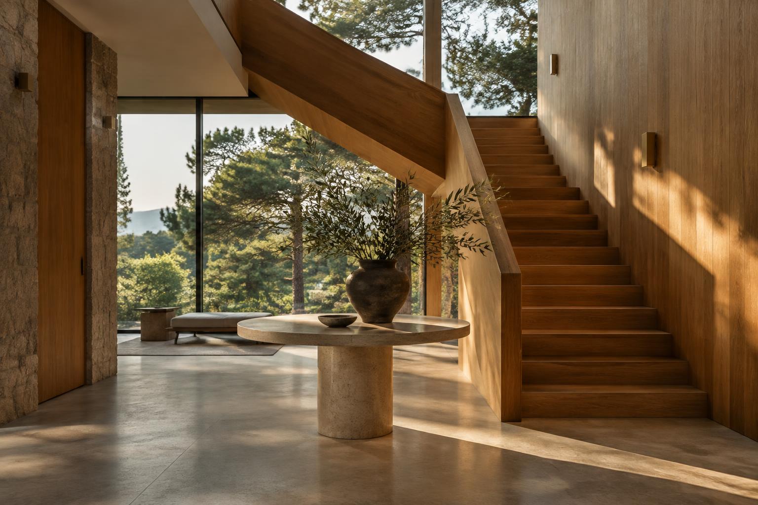 Interior contemporâneo com escadaria e painéis em madeira nobre